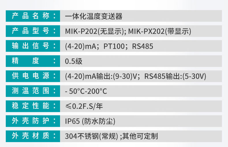 MIK-P202一體化溫度產(chǎn)品參數(shù)